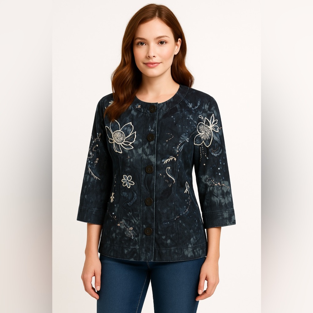 Chicos embroidered n beaded denim jacket